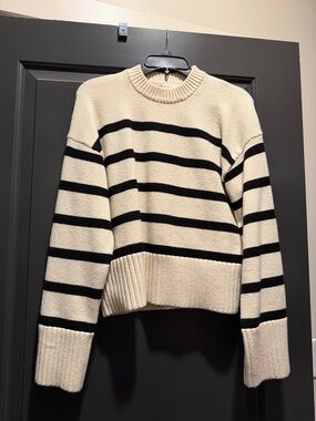 H&M Cream and Black Striped Crewneck Sweater